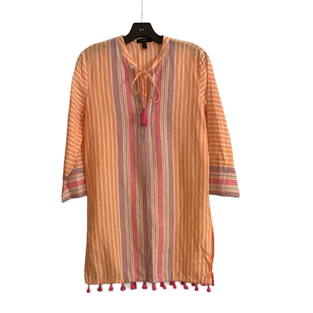J. CREW Striped Long Sleeved Swimsuit Cover Up with Pink Tassels